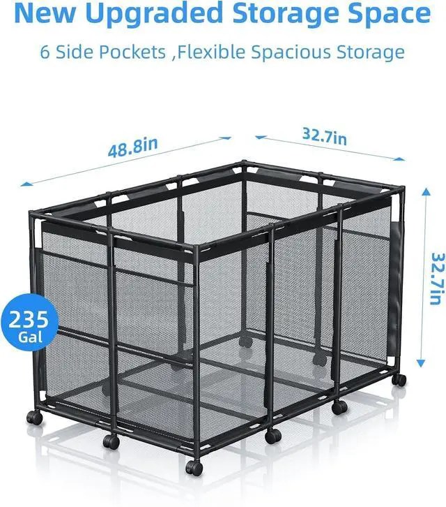 Alt view image 4 of 7 - XXL Rolling Mesh Pool Storage Bin, 235gal Large Outdoor Organizer with Wheels, for Pool Noodles, Floats, Balls, Goggles & Accessories, Black