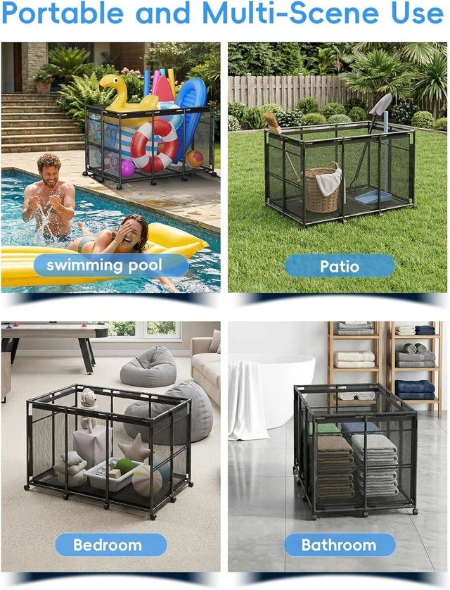 Alt view image 7 of 7 - XXL Rolling Mesh Pool Storage Bin, 235gal Large Outdoor Organizer with Wheels, for Pool Noodles, Floats, Balls, Goggles & Accessories, Black