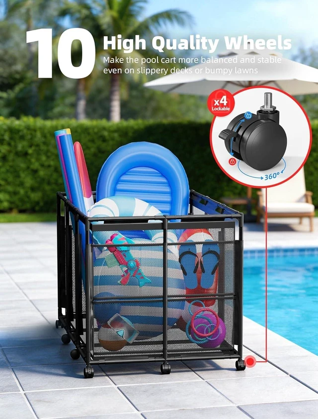 Alt view image 3 of 7 - XXL Rolling Mesh Pool Storage Bin, 235gal Large Outdoor Organizer with Wheels, for Pool Noodles, Floats, Balls, Goggles & Accessories, Black
