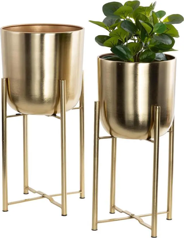 Main image of Dome Shaped Metal Planter Set of 2 with Removable Stand, 19in & 22in Height Satin Gold Iron Plant Pots for Indoor Outdoor Decor