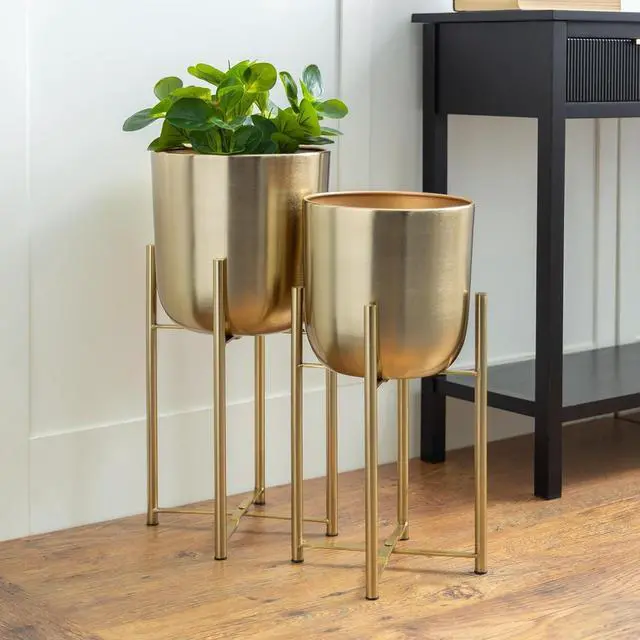 Alt view image 3 of 7 - Dome Shaped Metal Planter Set of 2 with Removable Stand, 19in & 22in Height Satin Gold Iron Plant Pots for Indoor Outdoor Decor
