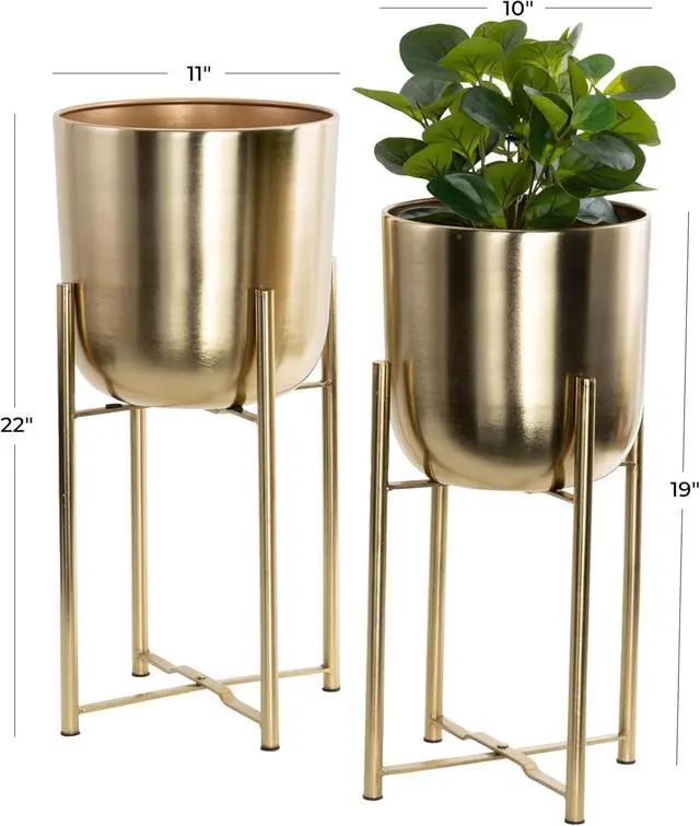 Alt view image 6 of 7 - Dome Shaped Metal Planter Set of 2 with Removable Stand, 19in & 22in Height Satin Gold Iron Plant Pots for Indoor Outdoor Decor