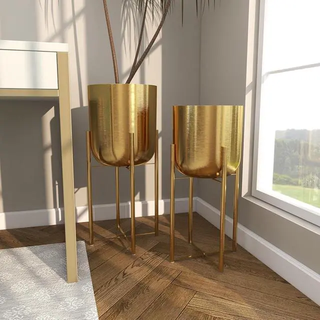 Alt view image 7 of 7 - Dome Shaped Metal Planter Set of 2 with Removable Stand, 19in & 22in Height Satin Gold Iron Plant Pots for Indoor Outdoor Decor