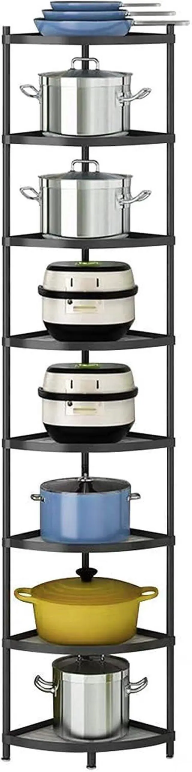 Main image of 8-Tier Metal Kitchen Corner Shelf Rack, Heavy Duty Freestanding Multi-Layer Storage Organizer, 200LBS Load Bearing Black Finished Metal Shelving for Pot Pan Fruit Vegetable Kitchen Organization