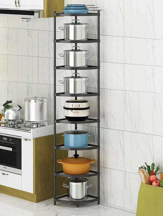 Alt view image 2 of 5 - 8-Tier Metal Kitchen Corner Shelf Rack, Heavy Duty Freestanding Multi-Layer Storage Organizer, 200LBS Load Bearing Black Finished Metal Shelving for Pot Pan Fruit Vegetable Kitchen Organization