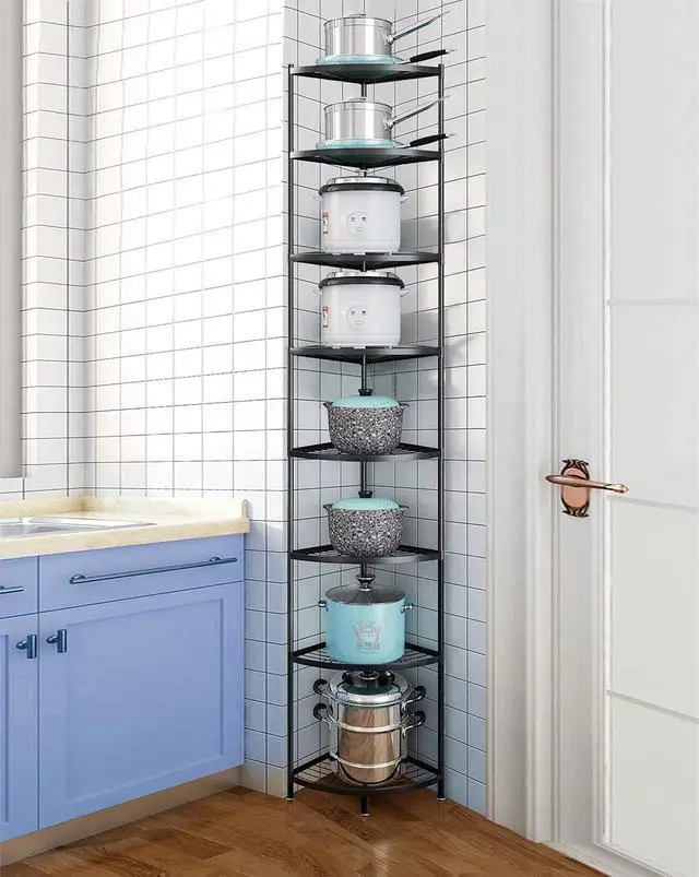 Alt view image 3 of 5 - 8-Tier Metal Kitchen Corner Shelf Rack, Heavy Duty Freestanding Multi-Layer Storage Organizer, 200LBS Load Bearing Black Finished Metal Shelving for Pot Pan Fruit Vegetable Kitchen Organization