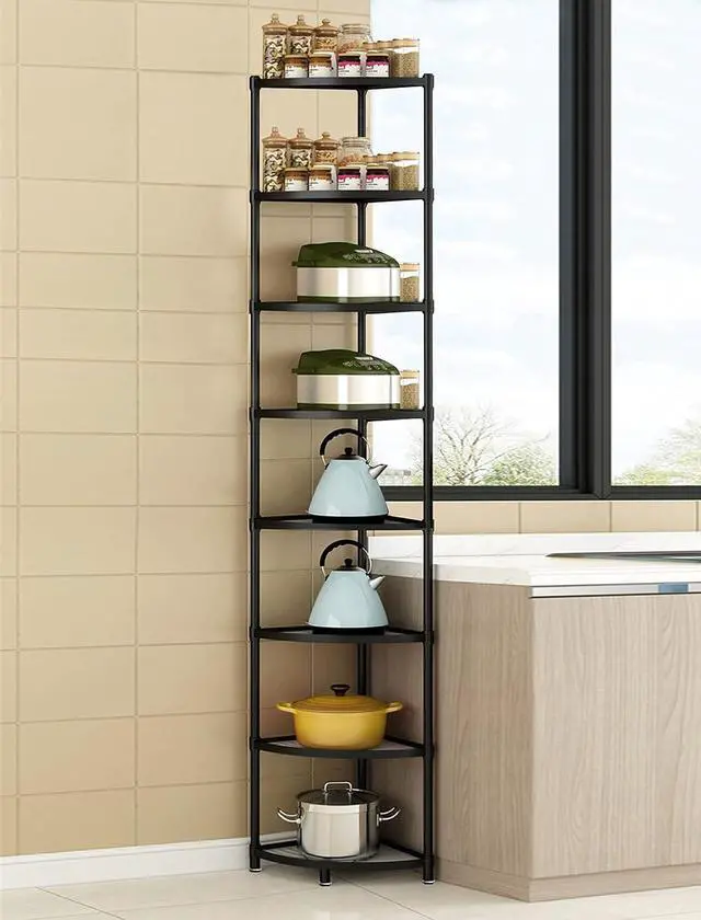 Alt view image 4 of 5 - 8-Tier Metal Kitchen Corner Shelf Rack, Heavy Duty Freestanding Multi-Layer Storage Organizer, 200LBS Load Bearing Black Finished Metal Shelving for Pot Pan Fruit Vegetable Kitchen Organization