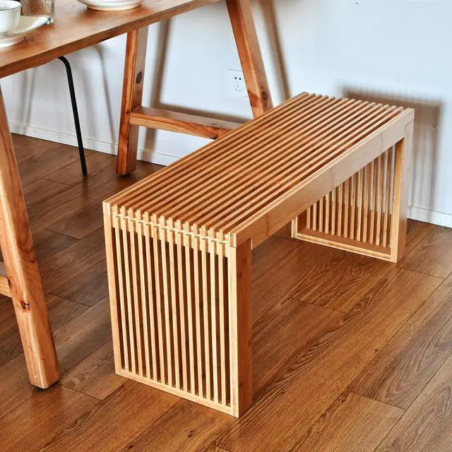 Alt view image 2 of 6 - 35 Inch Solid Bamboo Dining Bench Farmhouse Indoor Seat, Grille Design Heavy Duty Support Shoe Storage Bench for Entryway Hallway Kitchen Bedroom Bathroom
