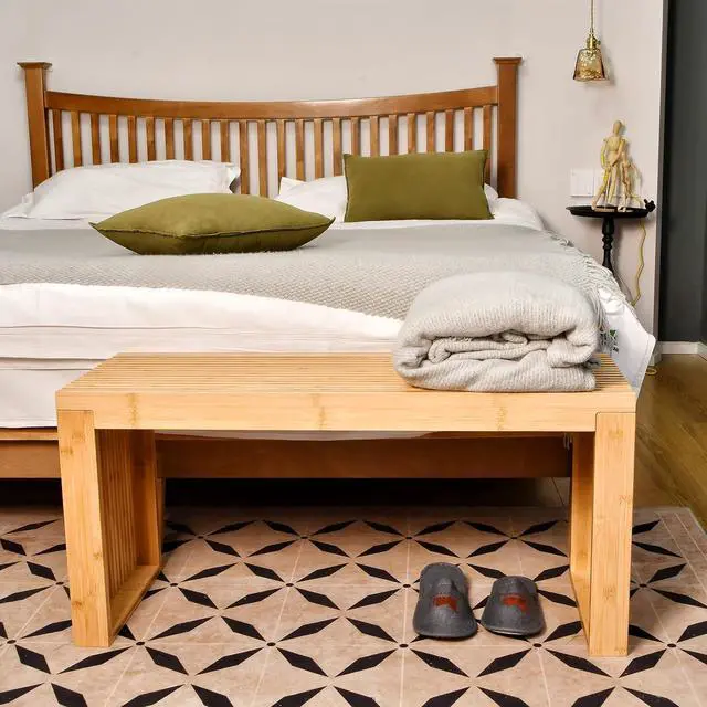 Alt view image 6 of 6 - 35 Inch Solid Bamboo Dining Bench Farmhouse Indoor Seat, Grille Design Heavy Duty Support Shoe Storage Bench for Entryway Hallway Kitchen Bedroom Bathroom
