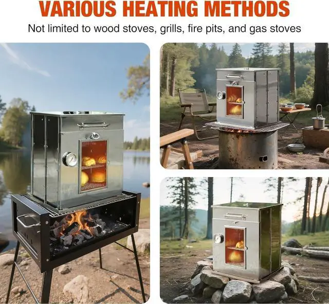 Alt view image 3 of 7 - 14" Foldable Camping Oven with 2 Tier Grill Grates, Stainless Steel Portable Outdoor Oven Compatible with Wood Burning and Propane Stoves for Camping BBQ Baking