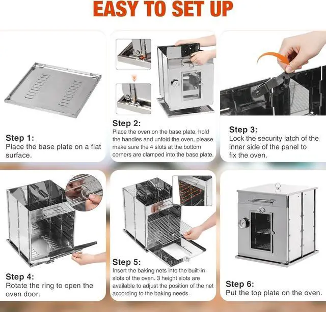 Alt view image 5 of 7 - 14" Foldable Camping Oven with 2 Tier Grill Grates, Stainless Steel Portable Outdoor Oven Compatible with Wood Burning and Propane Stoves for Camping BBQ Baking