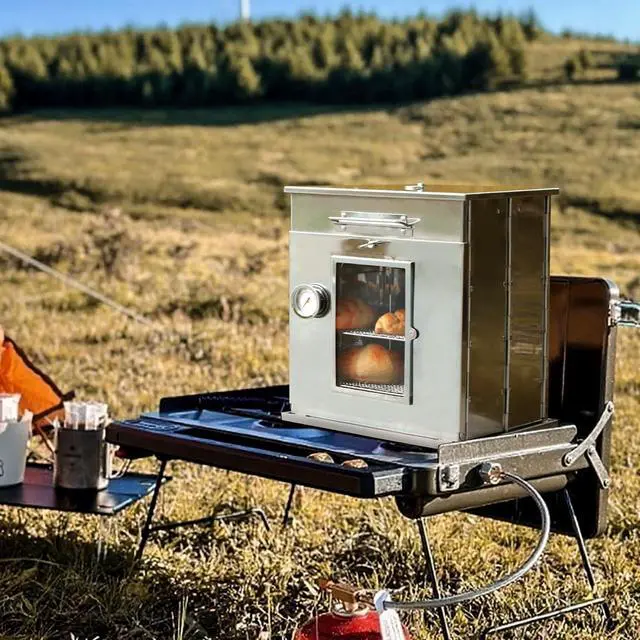 Alt view image 6 of 7 - 14" Foldable Camping Oven with 2 Tier Grill Grates, Stainless Steel Portable Outdoor Oven Compatible with Wood Burning and Propane Stoves for Camping BBQ Baking