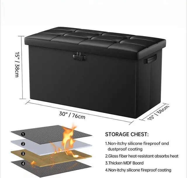 Alt view image 2 of 7 - 30 Inch Folding Fireproof Waterproof Storage Ottoman Bench with Lock, 110L Large Capacity Leather Foot Rest Stool, 700lbs Load Capacity Multipurpose Storage Chest for Home Bedroom Living Room Garage
