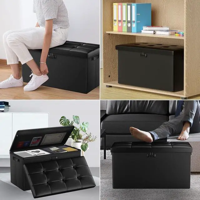 Alt view image 5 of 7 - 30 Inch Folding Fireproof Waterproof Storage Ottoman Bench with Lock, 110L Large Capacity Leather Foot Rest Stool, 700lbs Load Capacity Multipurpose Storage Chest for Home Bedroom Living Room Garage