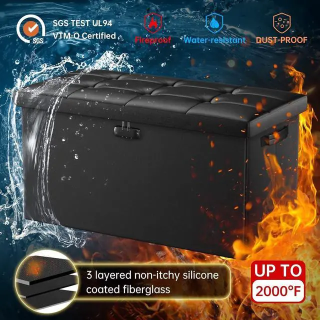 Alt view image 7 of 7 - 30 Inch Folding Fireproof Waterproof Storage Ottoman Bench with Lock, 110L Large Capacity Leather Foot Rest Stool, 700lbs Load Capacity Multipurpose Storage Chest for Home Bedroom Living Room Garage