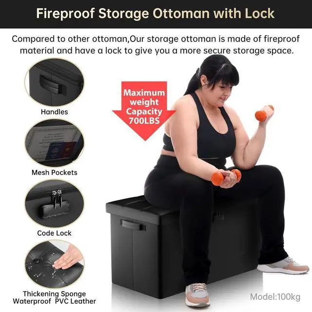 Alt view image 6 of 7 - 30 Inch Folding Fireproof Waterproof Storage Ottoman Bench with Lock, 110L Large Capacity Leather Foot Rest Stool, 700lbs Load Capacity Multipurpose Storage Chest for Home Bedroom Living Room Garage