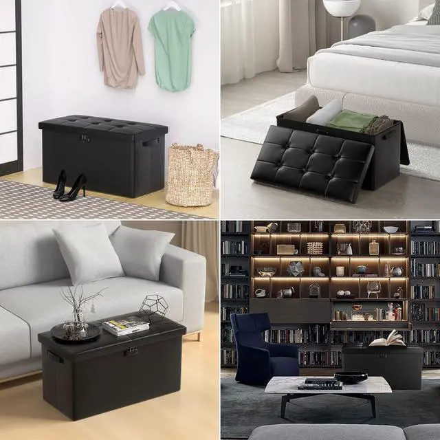 Alt view image 4 of 7 - 30 Inch Folding Fireproof Waterproof Storage Ottoman Bench with Lock, 110L Large Capacity Leather Foot Rest Stool, 700lbs Load Capacity Multipurpose Storage Chest for Home Bedroom Living Room Garage