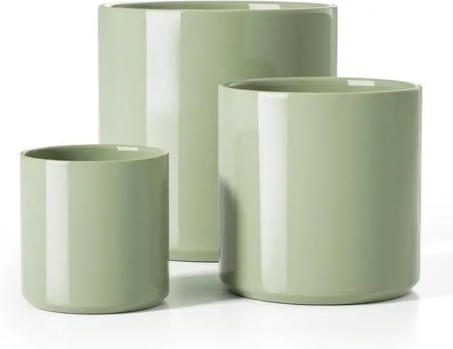 Main image of 10+8+6 Inch Ceramic Plant Pots Set of 3 with Drainage Hole and Plug Modern Cylinder Indoor Planters for Living Room Kitchen Glossy Sage Green
