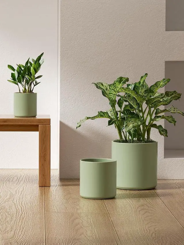 Alt view image 4 of 6 - 10+8+6 Inch Ceramic Plant Pots Set of 3 with Drainage Hole and Plug Modern Cylinder Indoor Planters for Living Room Kitchen Glossy Sage Green