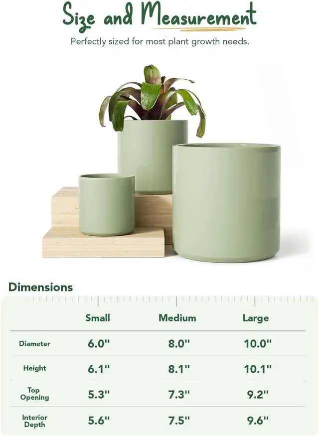 Alt view image 5 of 6 - 10+8+6 Inch Ceramic Plant Pots Set of 3 with Drainage Hole and Plug Modern Cylinder Indoor Planters for Living Room Kitchen Glossy Sage Green