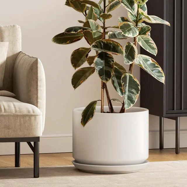 Main image of 12 Inch Ceramic Plant Pots with Drainage Holes and Saucers Elegant Durable Large Plant Pot for Home Office Decor White