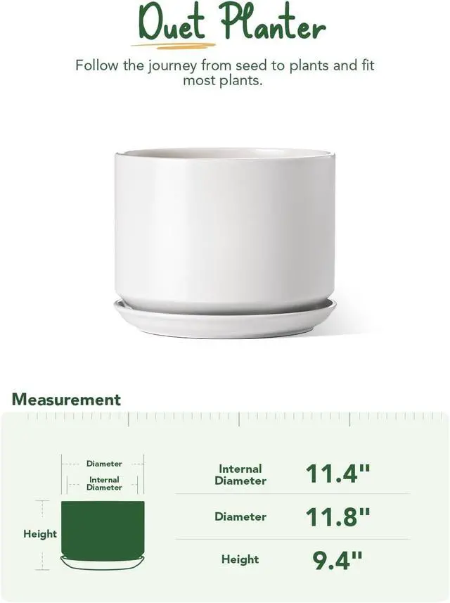 Alt view image 5 of 6 - 12 Inch Ceramic Plant Pots with Drainage Holes and Saucers Elegant Durable Large Plant Pot for Home Office Decor White