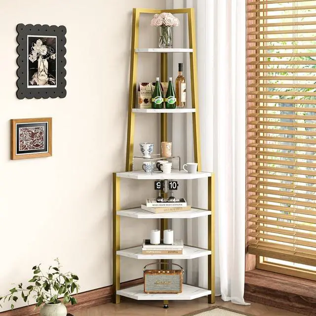Main image of 6-Tier 69 Inch Industrial Corner Shelf, Metal Frame & MDF Bookshelf, Diamond Surface Tall Plant Stand Display Rack for Living Room Bedroom Home Office Small Space Gold