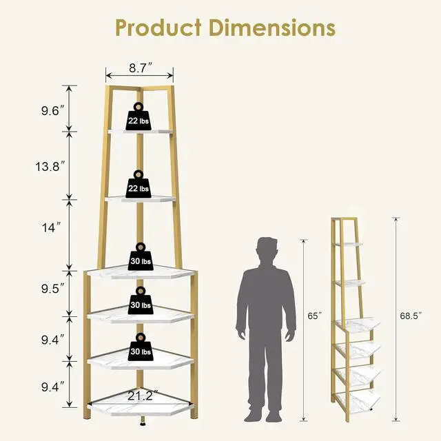 Alt view image 2 of 7 - 6-Tier 69 Inch Industrial Corner Shelf, Metal Frame & MDF Bookshelf, Diamond Surface Tall Plant Stand Display Rack for Living Room Bedroom Home Office Small Space Gold