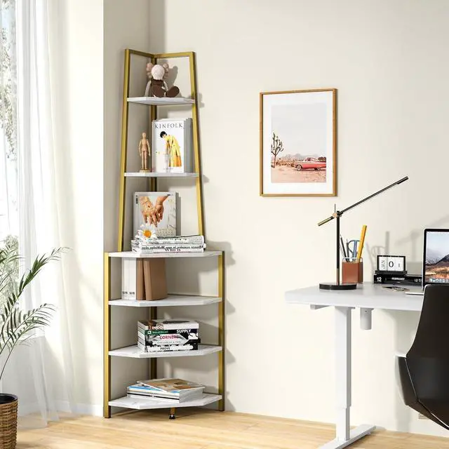 Alt view image 3 of 7 - 6-Tier 69 Inch Industrial Corner Shelf, Metal Frame & MDF Bookshelf, Diamond Surface Tall Plant Stand Display Rack for Living Room Bedroom Home Office Small Space Gold