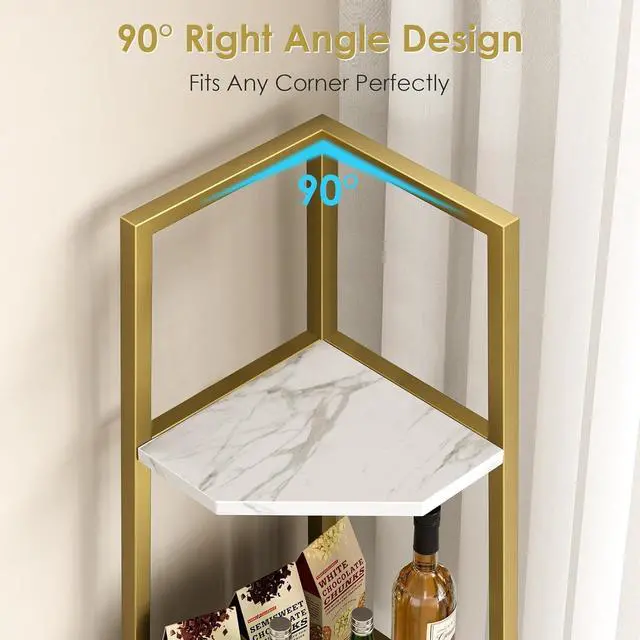 Alt view image 4 of 7 - 6-Tier 69 Inch Industrial Corner Shelf, Metal Frame & MDF Bookshelf, Diamond Surface Tall Plant Stand Display Rack for Living Room Bedroom Home Office Small Space Gold