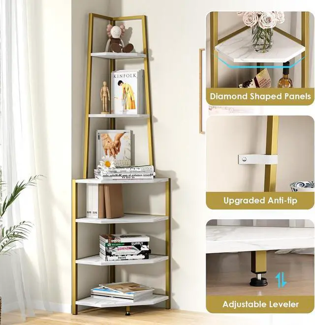 Alt view image 6 of 7 - 6-Tier 69 Inch Industrial Corner Shelf, Metal Frame & MDF Bookshelf, Diamond Surface Tall Plant Stand Display Rack for Living Room Bedroom Home Office Small Space Gold