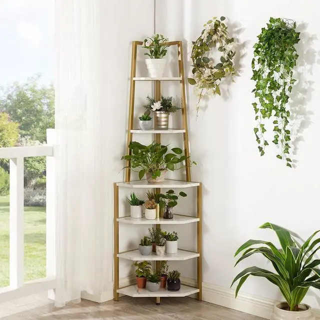 Alt view image 7 of 7 - 6-Tier 69 Inch Industrial Corner Shelf, Metal Frame & MDF Bookshelf, Diamond Surface Tall Plant Stand Display Rack for Living Room Bedroom Home Office Small Space Gold