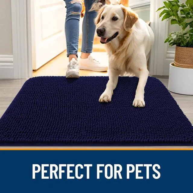 Alt view image 6 of 7 - 59 x 35 Inch Chenille Dog Door Mat Super Absorbent Non Slip Mud Mat Washable Quick Drying Indoor Entryway Floor Carpet for Muddy Paws Navy Blue