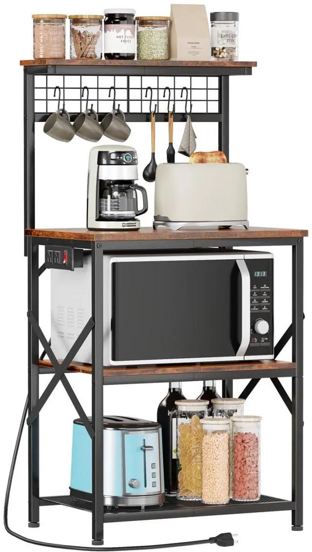 Main image of 4-Tier Kitchen Bakers Rack with Power Outlet and 6 S Hooks, Microwave Oven Stand Storage Shelf with Pegboard for Coffee Bar Kitchen Living Room Use