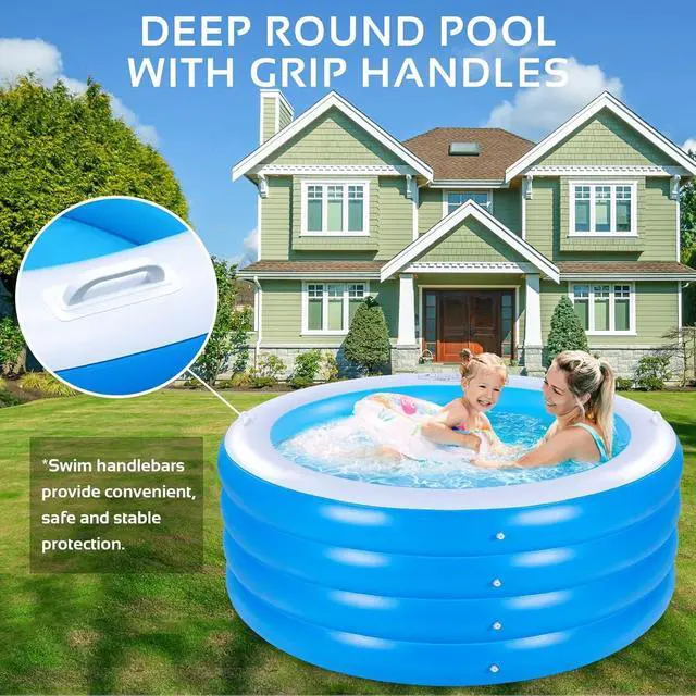 Alt view image 6 of 7 - 70"x30" Large Deep Round Inflatable Swimming Pool with Handles, 0.4mm Thickened PVC, 270 Gallon Capacity, Family Pool for Adults & Kids, Outdoor Garden Backyard Summer Water Party, Blue