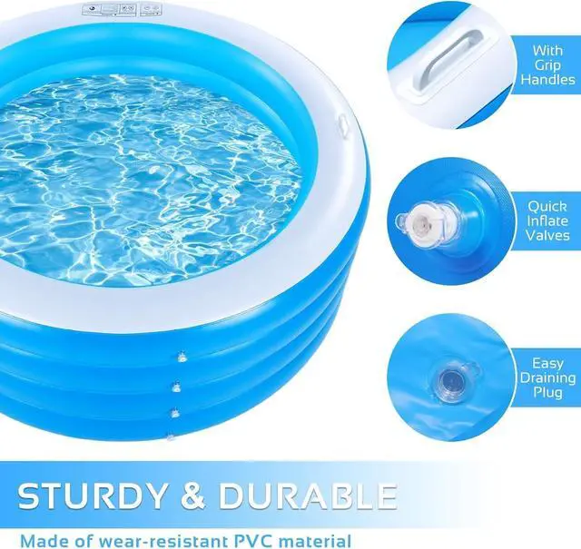 Alt view image 7 of 7 - 70"x30" Large Deep Round Inflatable Swimming Pool with Handles, 0.4mm Thickened PVC, 270 Gallon Capacity, Family Pool for Adults & Kids, Outdoor Garden Backyard Summer Water Party, Blue