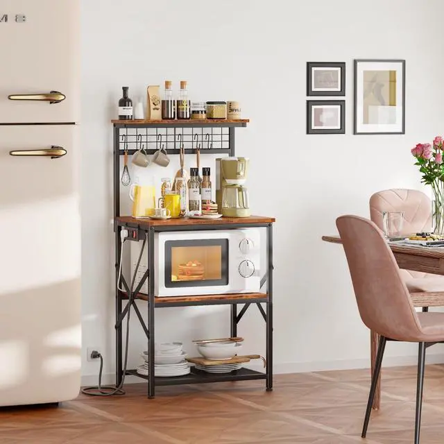 Alt view image 2 of 7 - 4-Tier Kitchen Bakers Rack with Power Outlet and 6 S Hooks, Microwave Oven Stand Storage Shelf with Pegboard for Coffee Bar Kitchen Living Room Use