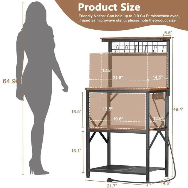 Alt view image 3 of 7 - 4-Tier Kitchen Bakers Rack with Power Outlet and 6 S Hooks, Microwave Oven Stand Storage Shelf with Pegboard for Coffee Bar Kitchen Living Room Use