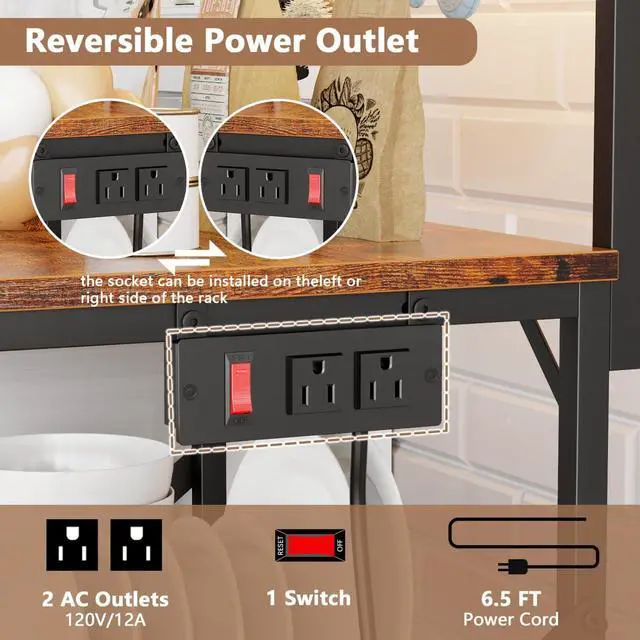 Alt view image 4 of 7 - 4-Tier Kitchen Bakers Rack with Power Outlet and 6 S Hooks, Microwave Oven Stand Storage Shelf with Pegboard for Coffee Bar Kitchen Living Room Use