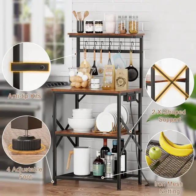 Alt view image 5 of 7 - 4-Tier Kitchen Bakers Rack with Power Outlet and 6 S Hooks, Microwave Oven Stand Storage Shelf with Pegboard for Coffee Bar Kitchen Living Room Use