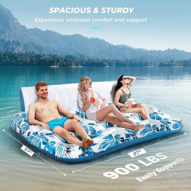 Alt view image 2 of 7 - 3 Person Inflatable Pool Float Lounger, Extra Large 97x57in Tanning Recliner with Backrest, Footrest & Cup Holders, for Pool, Lake, Beach & Party Use