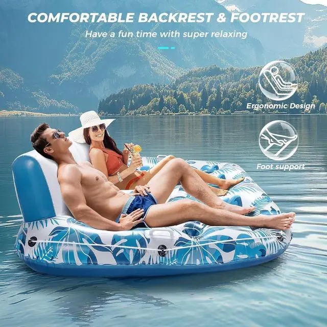 Alt view image 3 of 7 - 3 Person Inflatable Pool Float Lounger, Extra Large 97x57in Tanning Recliner with Backrest, Footrest & Cup Holders, for Pool, Lake, Beach & Party Use