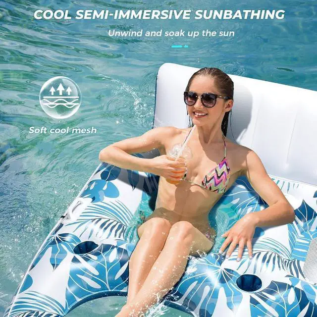 Alt view image 4 of 7 - 3 Person Inflatable Pool Float Lounger, Extra Large 97x57in Tanning Recliner with Backrest, Footrest & Cup Holders, for Pool, Lake, Beach & Party Use