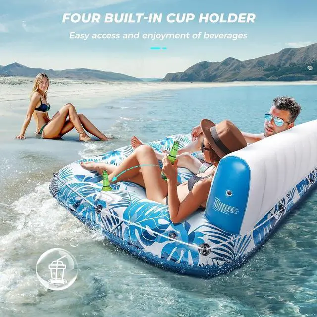 Alt view image 6 of 7 - 3 Person Inflatable Pool Float Lounger, Extra Large 97x57in Tanning Recliner with Backrest, Footrest & Cup Holders, for Pool, Lake, Beach & Party Use