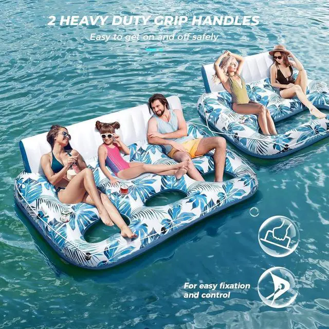 Alt view image 5 of 7 - 3 Person Inflatable Pool Float Lounger, Extra Large 97x57in Tanning Recliner with Backrest, Footrest & Cup Holders, for Pool, Lake, Beach & Party Use