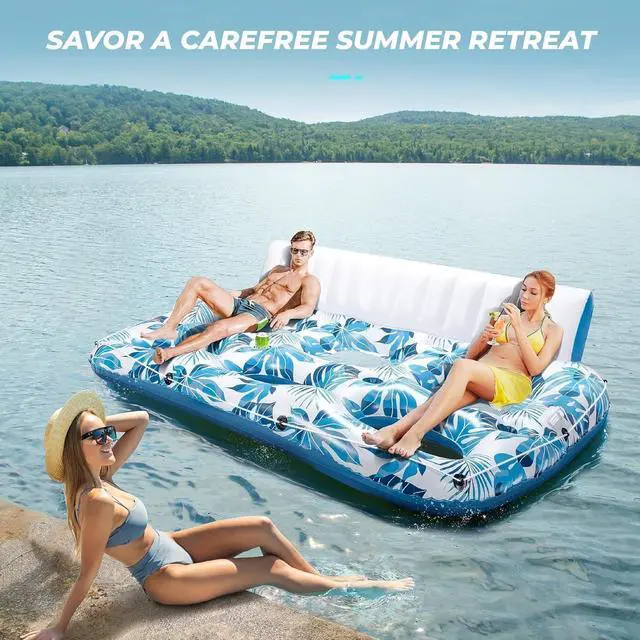 Alt view image 7 of 7 - 3 Person Inflatable Pool Float Lounger, Extra Large 97x57in Tanning Recliner with Backrest, Footrest & Cup Holders, for Pool, Lake, Beach & Party Use