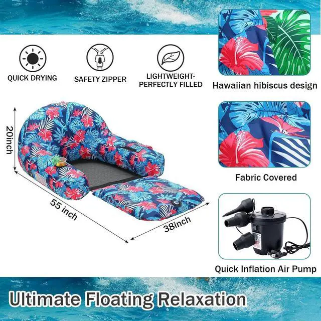 Alt view image 6 of 7 - 2-in-1 Convertible Fabric Covered Pool Float Lounge for Adults, Heavy Duty Inflatable Raft 38x55in with Quick Dry Cover, Electric Air Pump, 250lbs Capacity