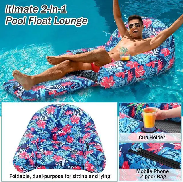 Alt view image 7 of 7 - 2-in-1 Convertible Fabric Covered Pool Float Lounge for Adults, Heavy Duty Inflatable Raft 38x55in with Quick Dry Cover, Electric Air Pump, 250lbs Capacity