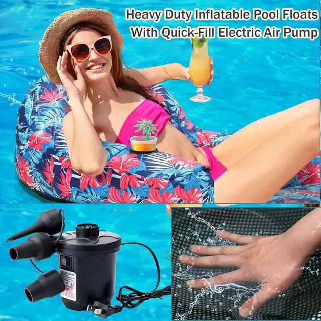 Alt view image 5 of 7 - 2-in-1 Convertible Fabric Covered Pool Float Lounge for Adults, Heavy Duty Inflatable Raft 38x55in with Quick Dry Cover, Electric Air Pump, 250lbs Capacity
