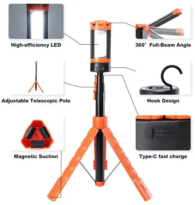 Alt view image 4 of 7 - Rechargeable LED Camping Light with Adjustable Tripod Stand, 2500 Lumens Portable Work Lighting with 5 Modes for Emergency Hiking Power Outages